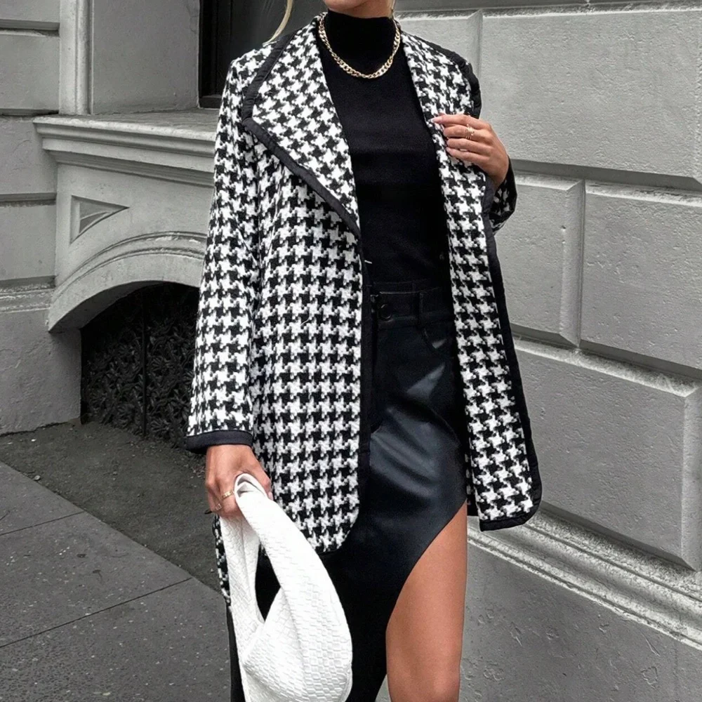 Classic Houndstooth Print Tweed Belted Coat Jacket - Picture 3 of 6